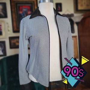 Rayure Herringbone Jacket Vintage 90s Faux‎ Leather Trim Office Siren Top Small